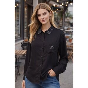 PINK Victoria's Secret Black Rhinestone Collar Button Down Shirt Medium